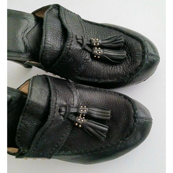 Michael Kors Blk Pebbled Leather Wood Heeled Clog Tassel Trim Sz 8 - Picture 6 of 9